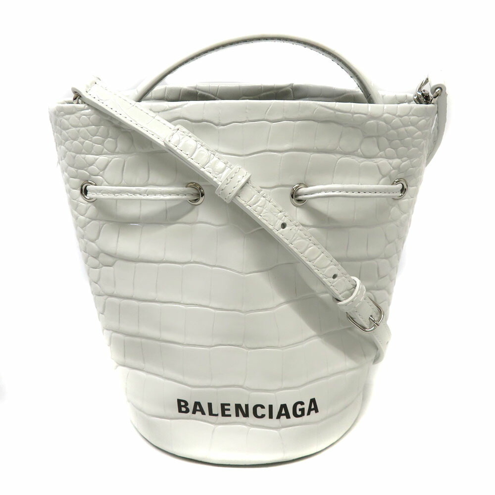 BALENCIAGA Drawstring Bucket XS Handbag Shoulder Bag Leather White Embossed